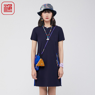 渔牌女装裙子女夏季2024新款弹力修身绣花休闲针织连衣裙FGGB0103