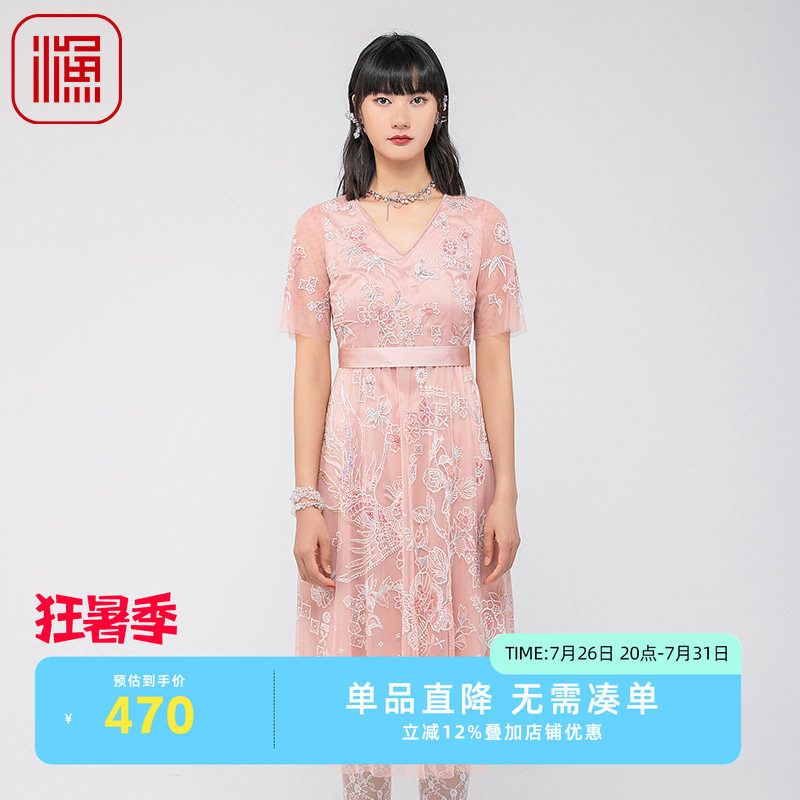 渔牌夏季修身蕾丝绣花连衣裙