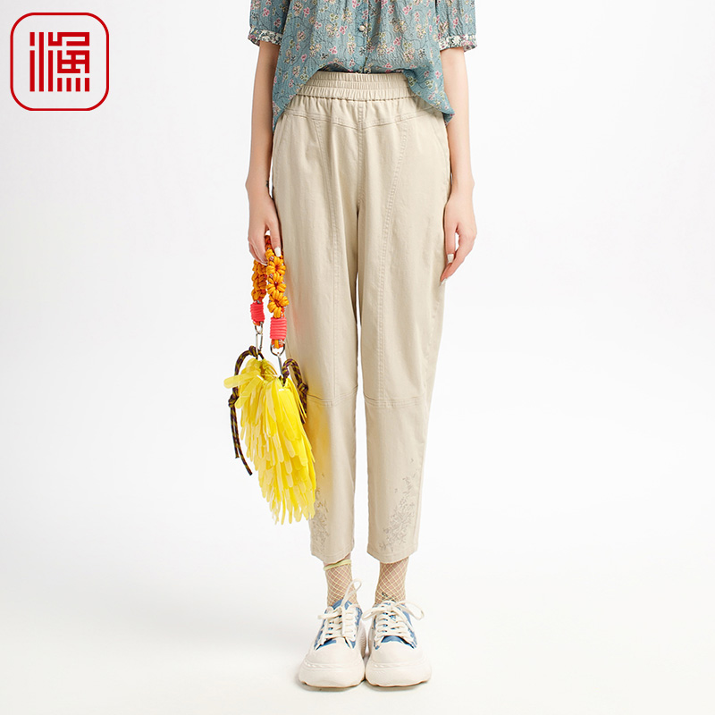 渔女装裤子女2025新款薄款春夏纯棉微弹力松紧腰休闲长裤FGHB6210