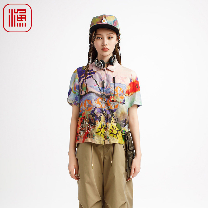 渔牌女装女士2025新款衬衫个性印花新中式潮流休闲上衣服FGHB2260