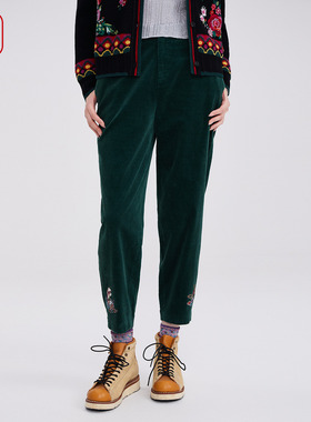 渔牌女装裤2025新款秋冬款灯芯绒小脚休闲长裤刺绣哈伦裤FGHC6227