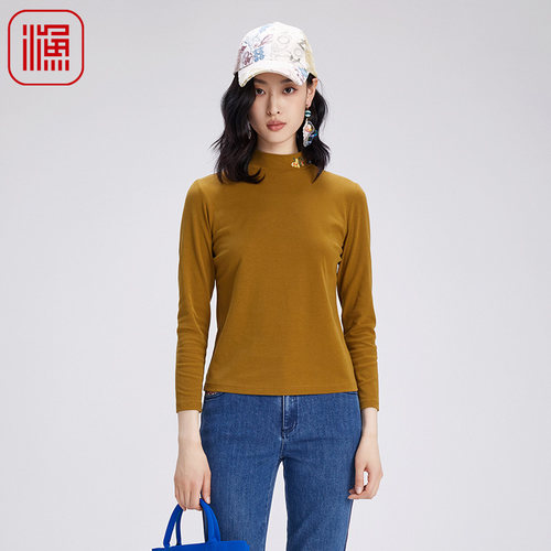 渔牌秋装女款2024年新款棉质弹力刺绣花简约高领打底上衣FGGC2019