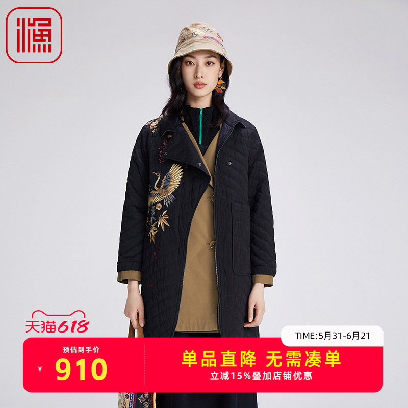 渔牌女装棉服女2024年新款冬季中式古典绣花长款棉衣外套FGGD4043
