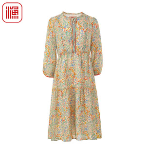 渔服饰2024年新款连衣裙碎印花收腰桑蚕真丝气质休闲裙子FGGA0017