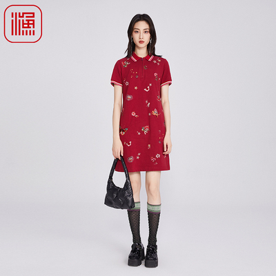 渔牌女装连衣裙女2025新款春夏纯棉刺绣花针织Polo领裙子FGHB0115