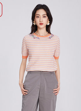 FISHING短袖女t恤2025新款新中式绣花小方格休闲针织上衣FGHB1016