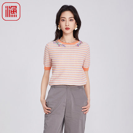 FISHING短袖女t恤2025新款新中式绣花小方格休闲针织上衣FGHB1016