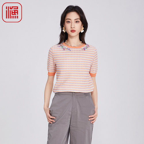 FISHING短袖女t恤2025新款新中式绣花小方格休闲针织上衣FGHB1016