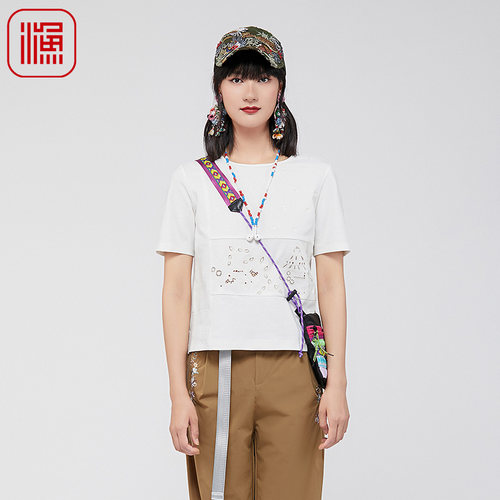 FISHING短袖t恤女2024新款镂空开叉弹力棉感针织短袖上衣FGGA2037
