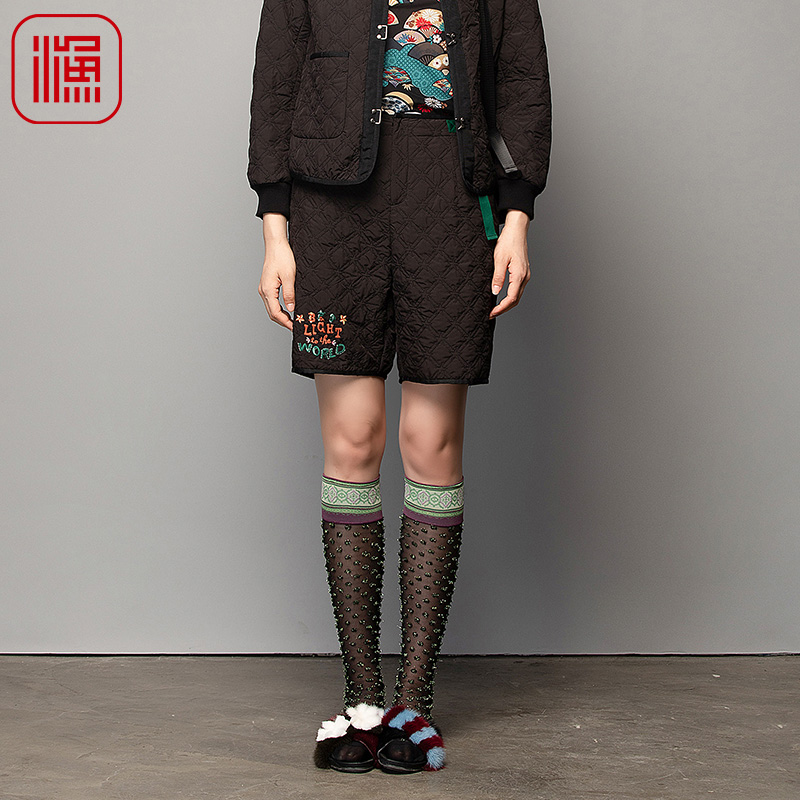 渔牌休闲裤女2023新款小方菱格绣花休闲雪纺五分短裤子FGFDT007B