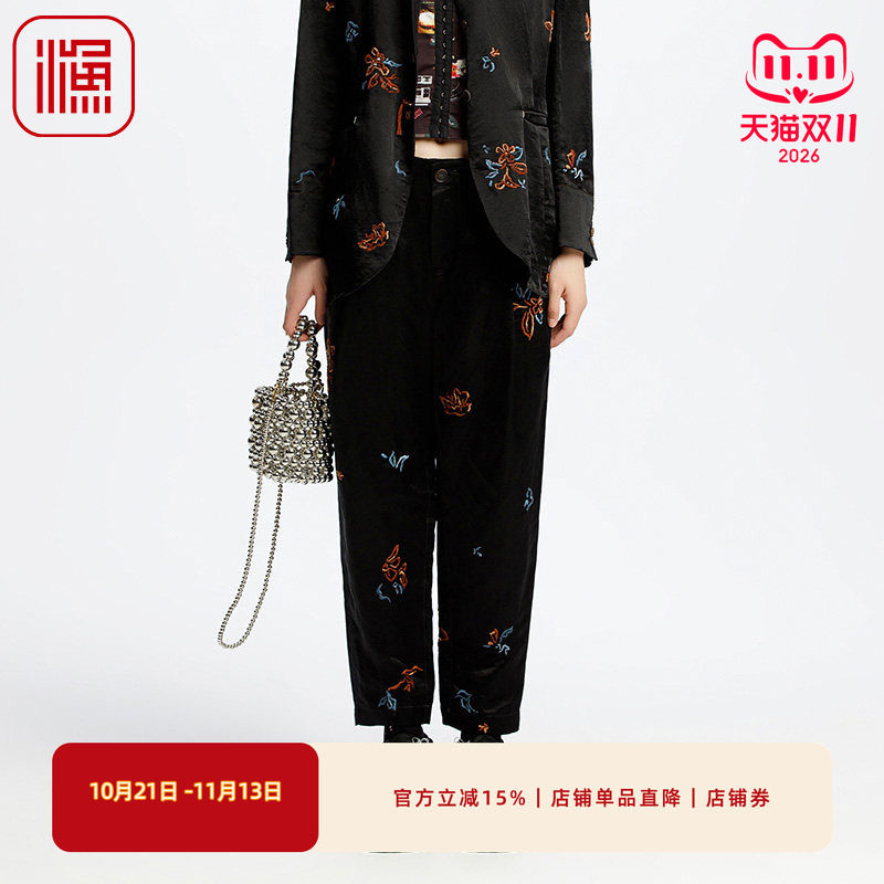 渔牌女装裤子女2025新款春夏宽松刺绣花亚麻直筒九分长裤FGHA6206