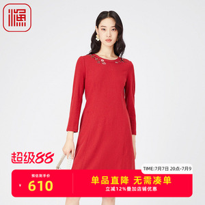 渔服饰中国风女装2024新款春秋高级针织羊毛呢长袖连衣裙FGGA0060