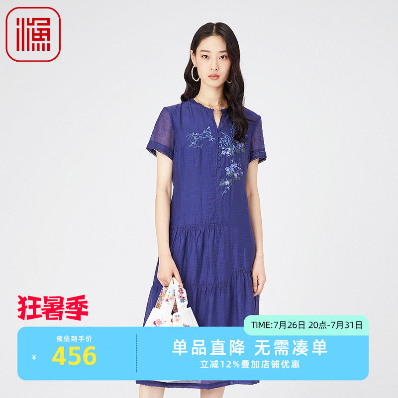 渔牌新款春夏新中式刺绣连衣裙