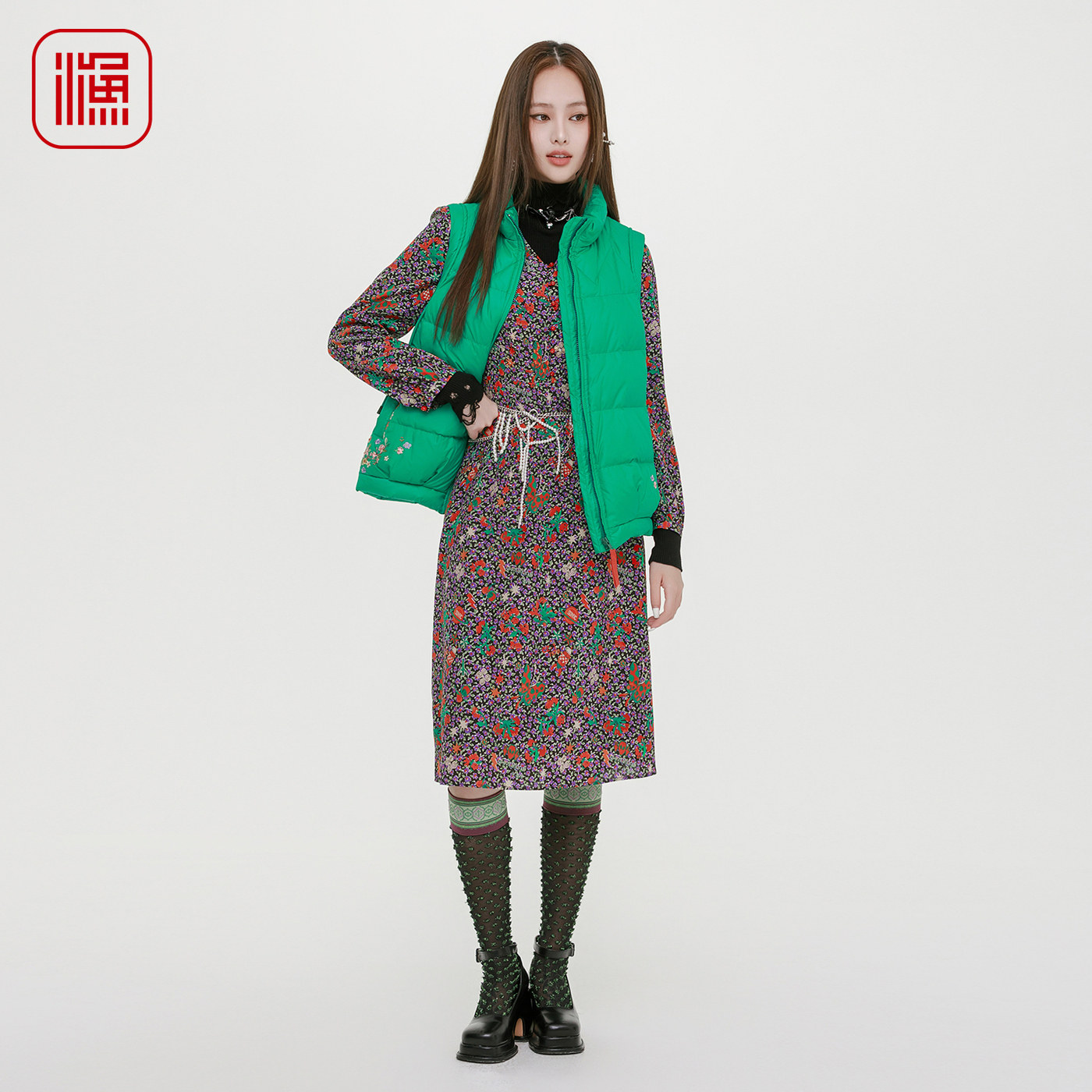 渔牌女装连衣裙印花碎花过膝裙子