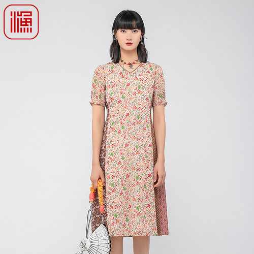 渔牌裙子女夏季2024新款桑蚕丝V领碎印花拼接连衣裙FGGB0109