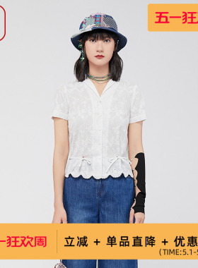 渔牌女装衬衫2024新款女夏季纯棉全棉方领西装领休闲上衣FGGB2211