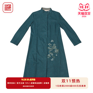 渔牌绵羊毛混纺外套 刺绣立领中长款长袖外套呢料气质大衣