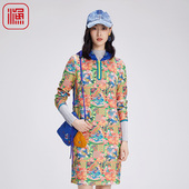 弹力带帽新中式 春秋款 国风印花连衣裙子FGGC0017 2024新款 渔牌女装