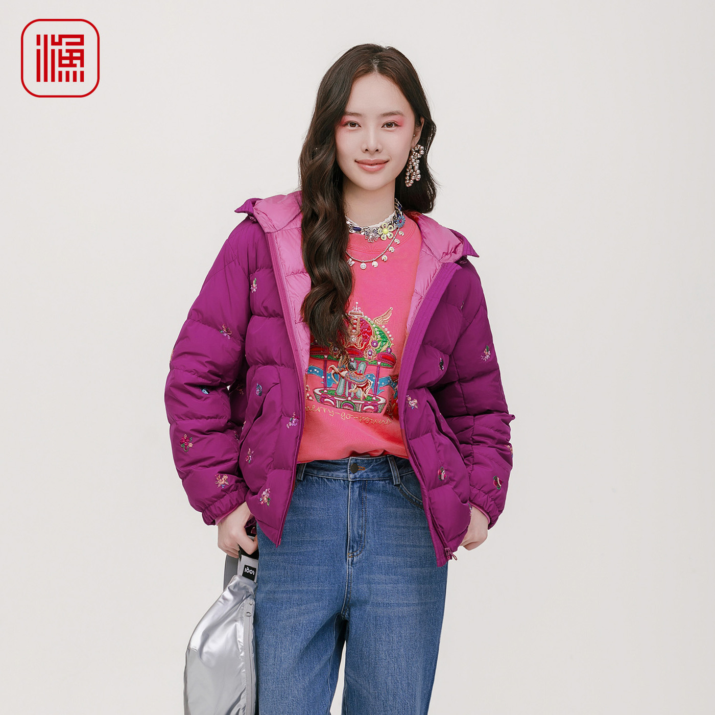 渔牌2025冬新款撞色连帽羽绒服