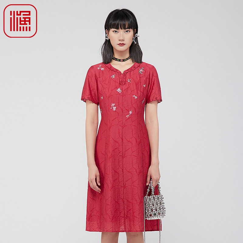 渔牌女装连衣裙2024新款女夏季绣花过膝收腰短袖裙子休闲FGGB0007