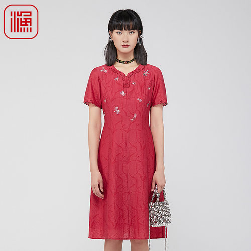 渔牌女装连衣裙2024新款女夏季绣花过膝收腰短袖裙子休闲FGGB0007