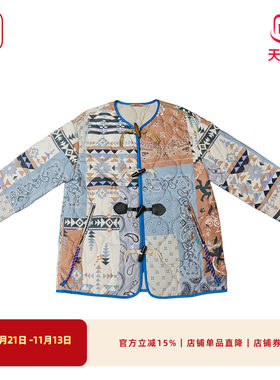 渔牌秋冬牛角扣印花薄棉服女