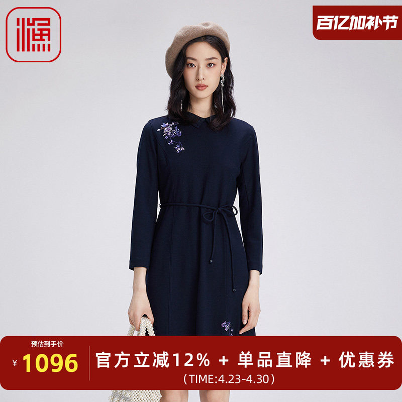 渔牌女装秋季2024新款翻领纯羊毛中式刺绣花毛呢连衣裙子FGGC0029