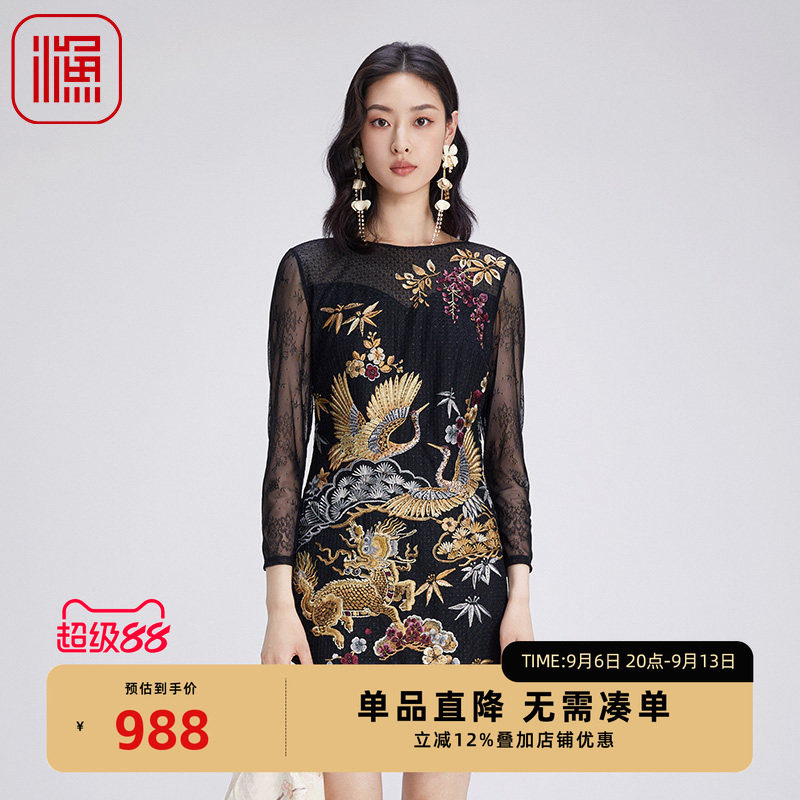 渔牌女装连衣裙2024新款女秋冬新中式重工国潮绣花蕾丝裙FGGD0033