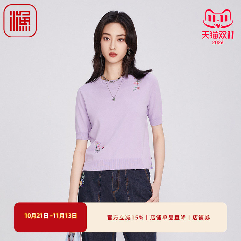 渔牌女装毛衣女款2025新款薄款圆领中式绣花休闲针织毛衫FGHA1003