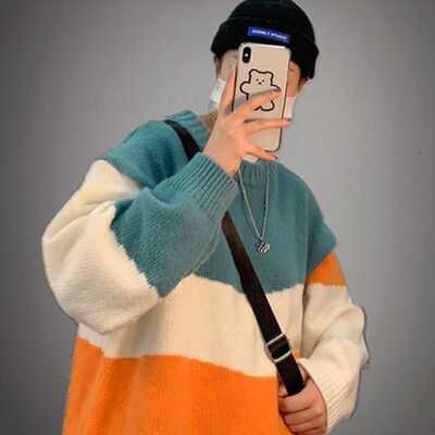 日系秋冬季拼色宽松圆领毛衣男韩版潮流情侣慵懒加厚港风针织毛衫