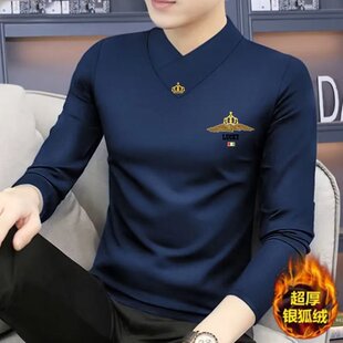 时尚撤回加薄绒新款修身男士中年保暖长袖V领t恤内搭上衣打底衫潮
