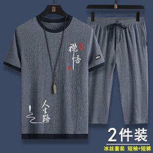 夏季休闲运动套装男士冰丝短袖t恤5分短裤两件套宽松大码一整套