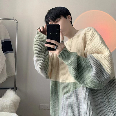 冬季加厚毛衣男国潮拼色时尚