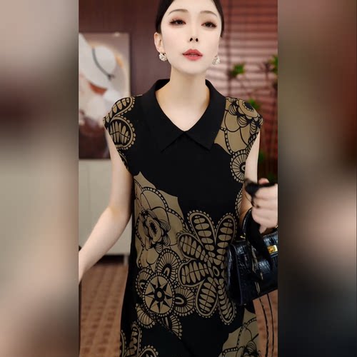 夏季黑色墨影金花显瘦印花连衣裙