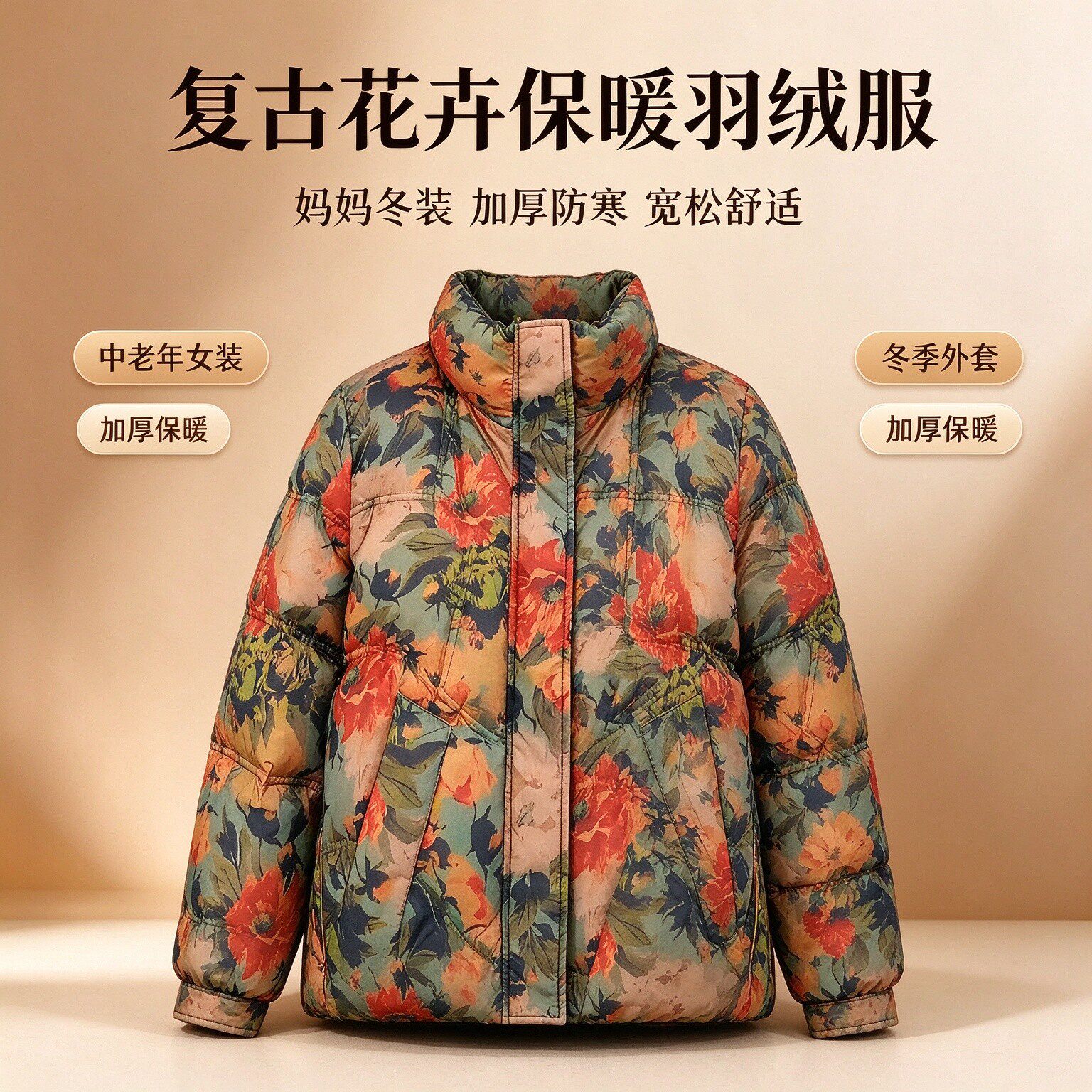 冬季中款大花加厚显瘦妈妈羽绒服