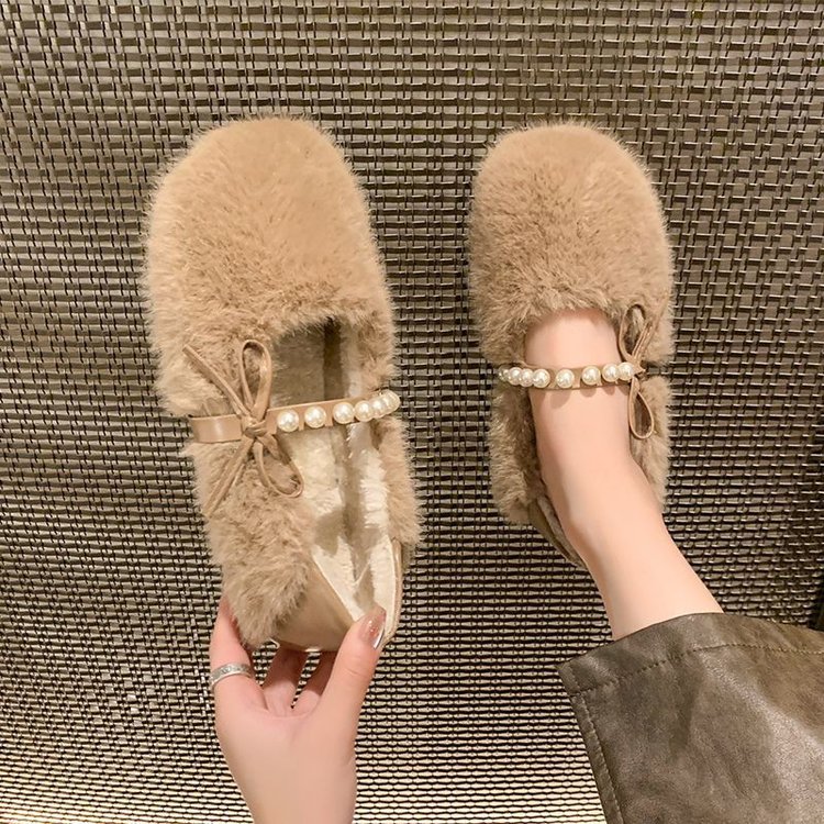 毛毛鞋女外穿2025新款秋冬季棉鞋加绒网红一脚蹬小香风毛绒豆豆鞋