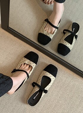 波点通勤撞色街拍方头OKLEIBO玛丽珍拖鞋浅口居家黑色杏色