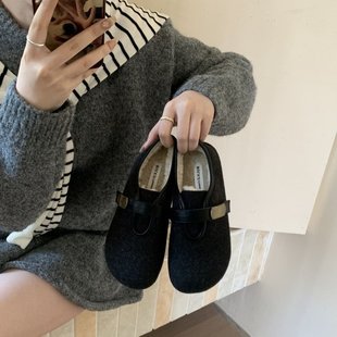 魔术贴加绒玛丽珍鞋 女2025秋冬新款 复古百搭毛毛鞋 内增高4cm韩版