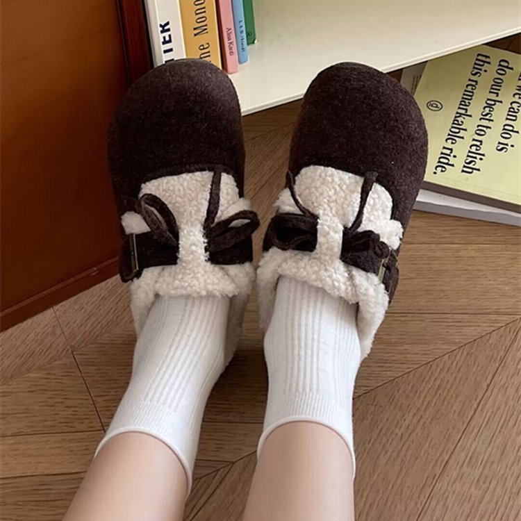 2025冬季新款深口单鞋一脚蹬休闲深口平底2025年冬季圆头人造短毛