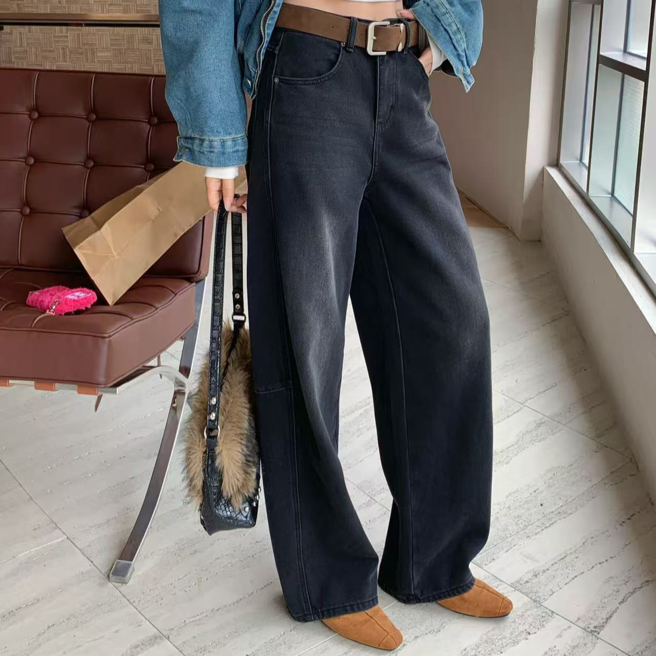 冬款品牌工厂店韩版百搭加厚弯刀牛仔裤配腰带82559植绒