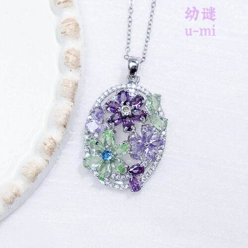 原创设计新款莫奈花园重工复古项链彩色水晶锆石镶嵌吊坠夸张大气