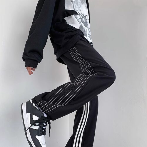 三条杠阔腿裤秋冬加绒黑色裤子