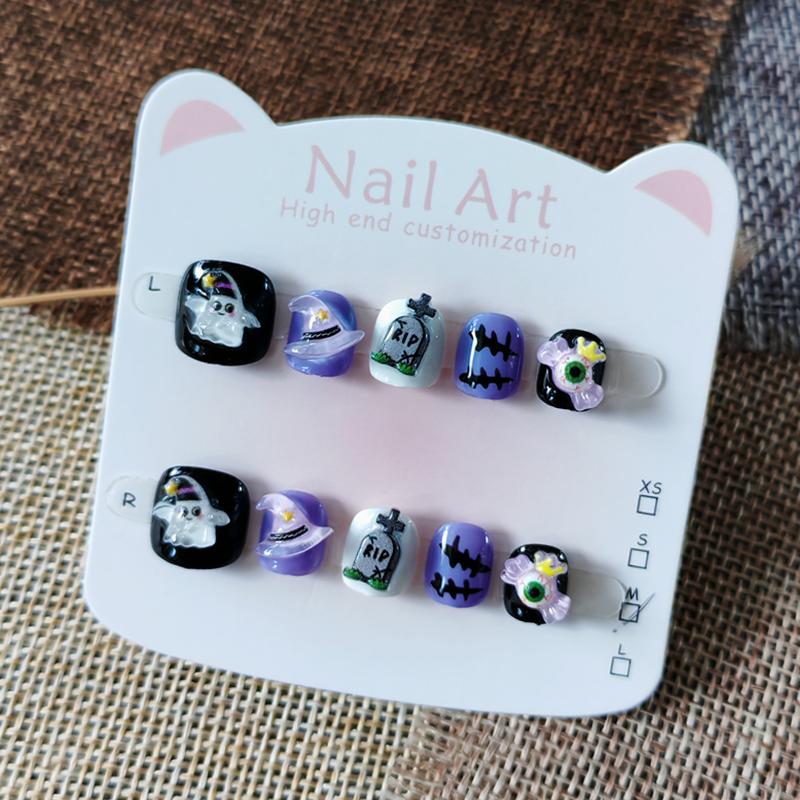 万圣节小幽灵卡通可爱儿童穿戴甲纯手工 小朋友美甲短款3-6-11岁