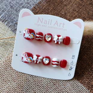 儿童穿戴甲纯手工彩虹小马独角兽红色闪钻小女孩短款美甲3-6-10岁