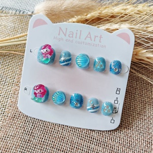 10岁卡通可爱宝宝指甲贴片短款 人鱼公主儿童美甲穿戴甲可拆卸3