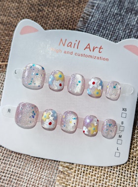 原创手绘小花猫眼儿童穿戴式美甲3-6-11岁 亮晶晶女孩短款指甲贴