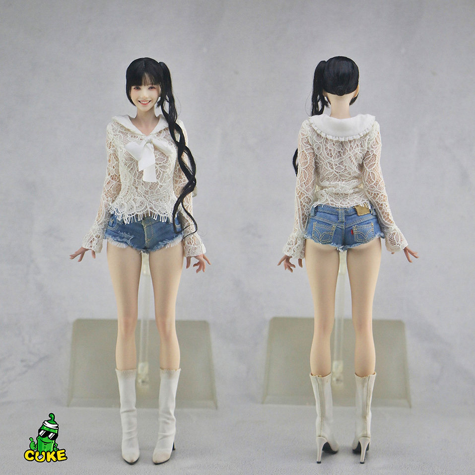 1/6女兵人法式蝴蝶结绑带拼接蕾丝V领性感喇叭袖上衣潮流服饰