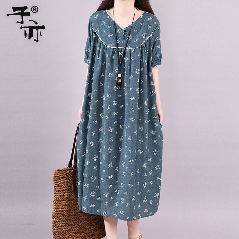 Son also 2019 Summer style Mid length version skirt Broken flowers commute literature Short sleeved Three buckle Easy Dressin the Women's clothing/Boutique , Dress  category - from Buy2taobao.com to provide professional Taobao agent buy service