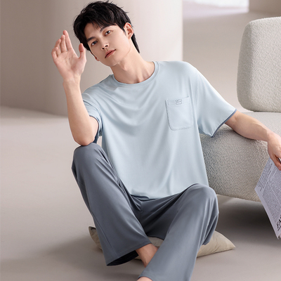 帕兰朵睡衣男款夏季莫代尔短袖长裤休闲圆领加大码可外穿家居服