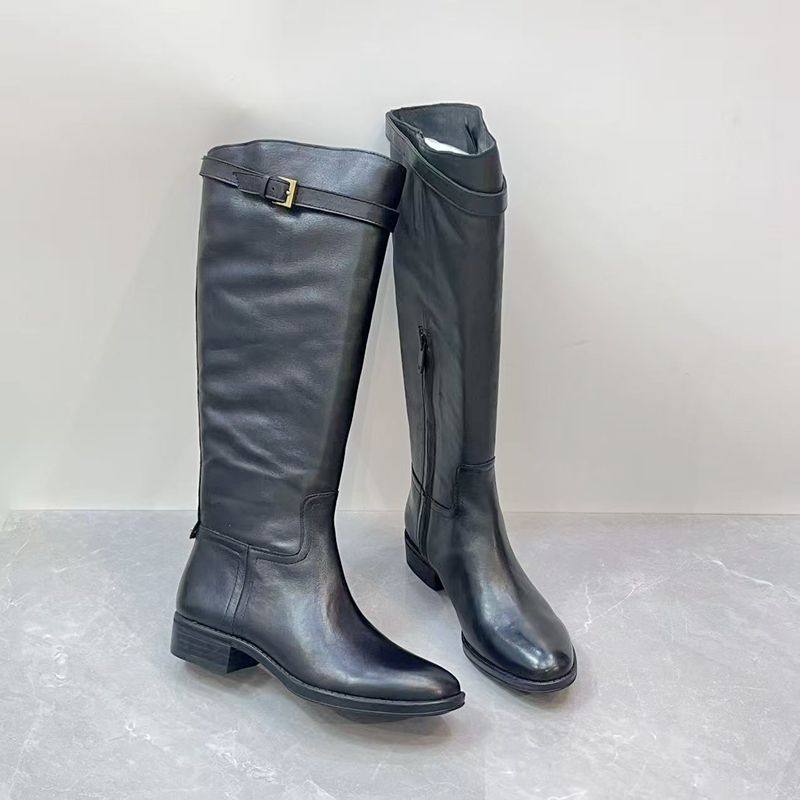 秋冬真皮圆头高筒靴粗跟侧拉链显瘦百搭全筒水洗牛皮长靴女